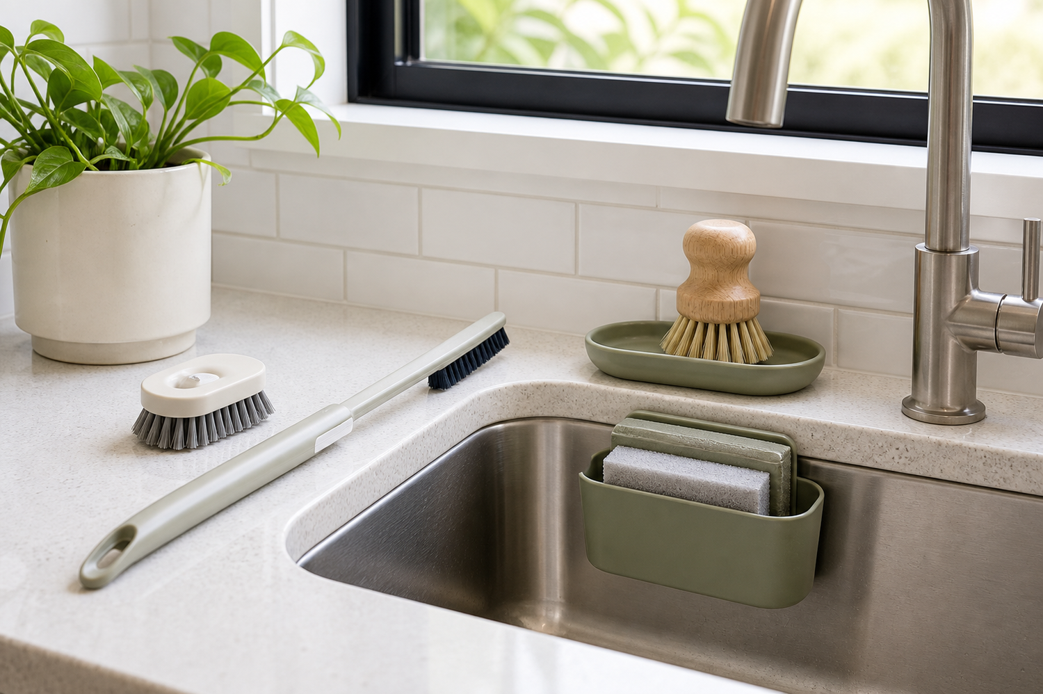Simple cleaning tools arranged beside a sink