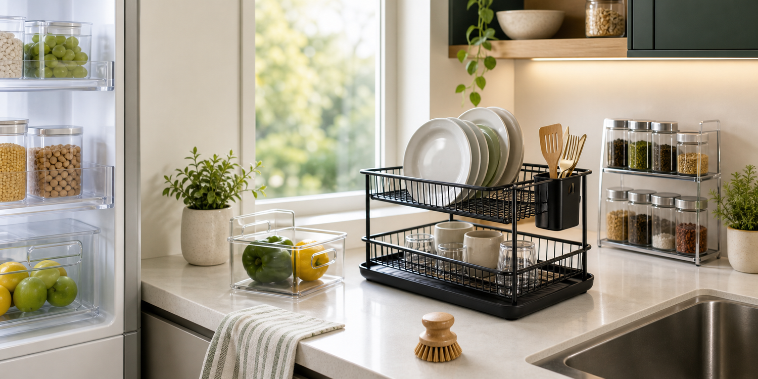 Selected home organization essentials in a bright kitchen