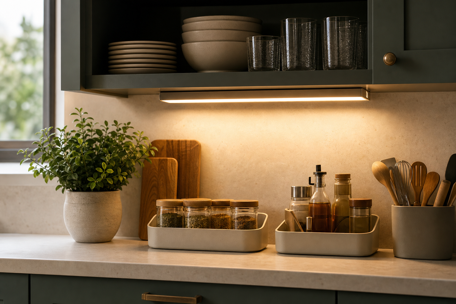 Cabinet lighting and organized kitchen details