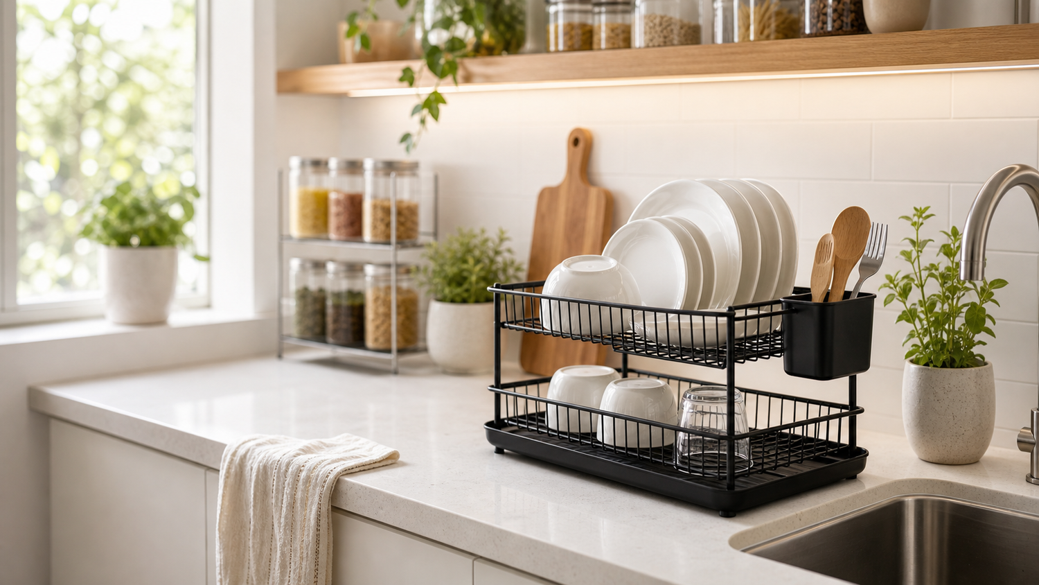 Compact dish drying rack in a bright organized kitchen