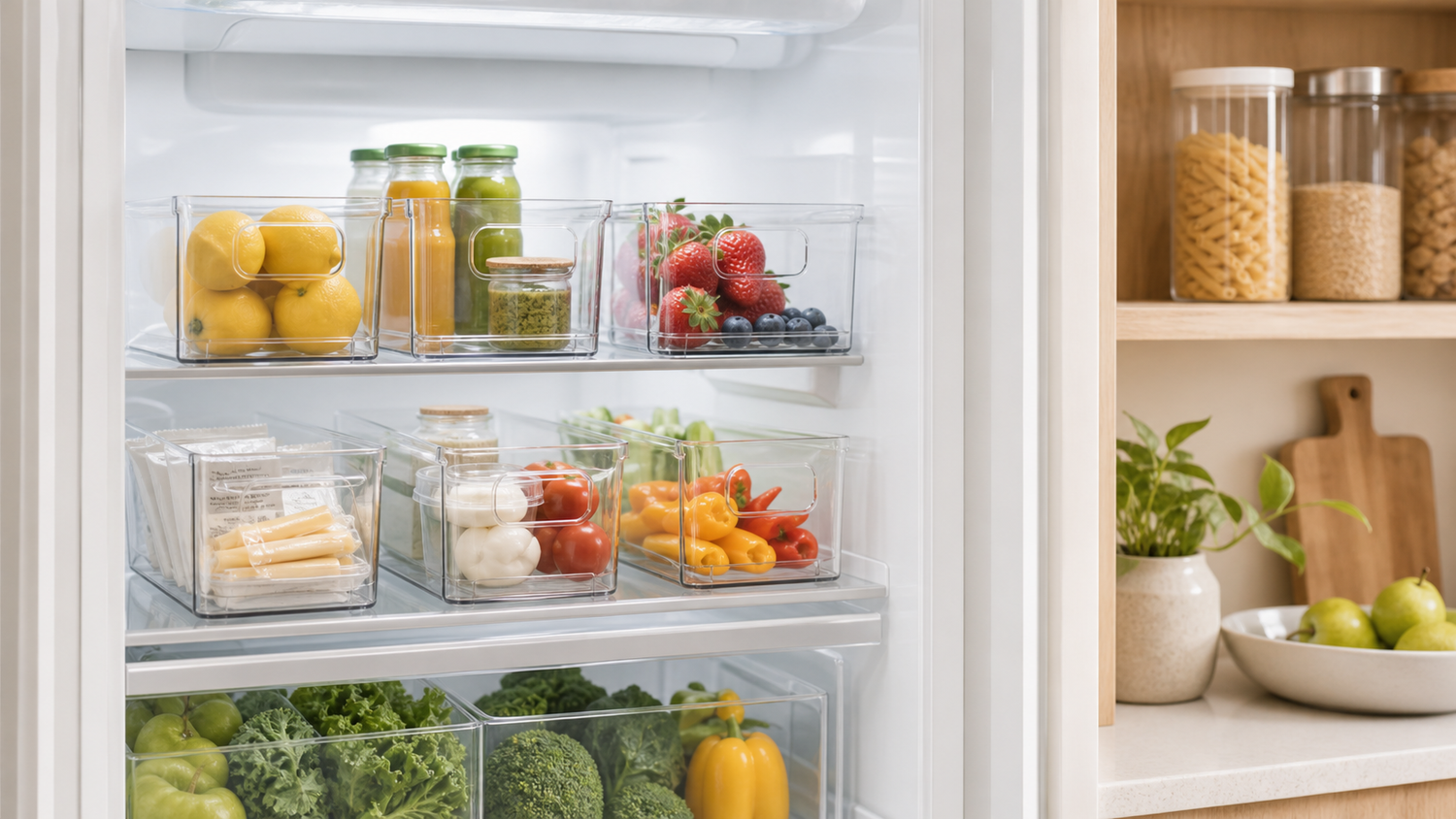 Clear refrigerator organizer bins in an organized fridge